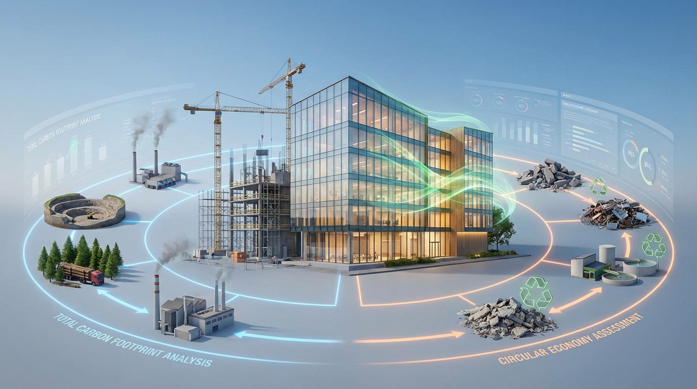Schéma illustrant le cycle de vie complet d'un bâtiment et son empreinte carbone, de l'extraction à la fin de vie