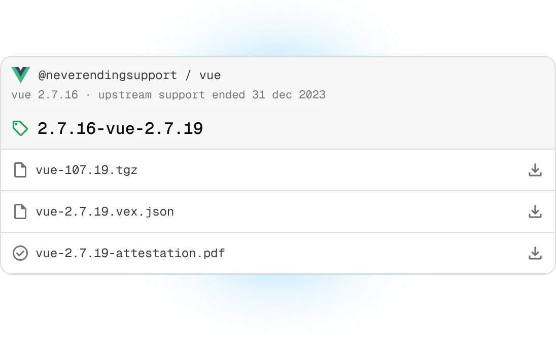 Download options for vue 2.7.16 to 2.7.19 from @neverendingsupport, including tgz, json, and pdf files.