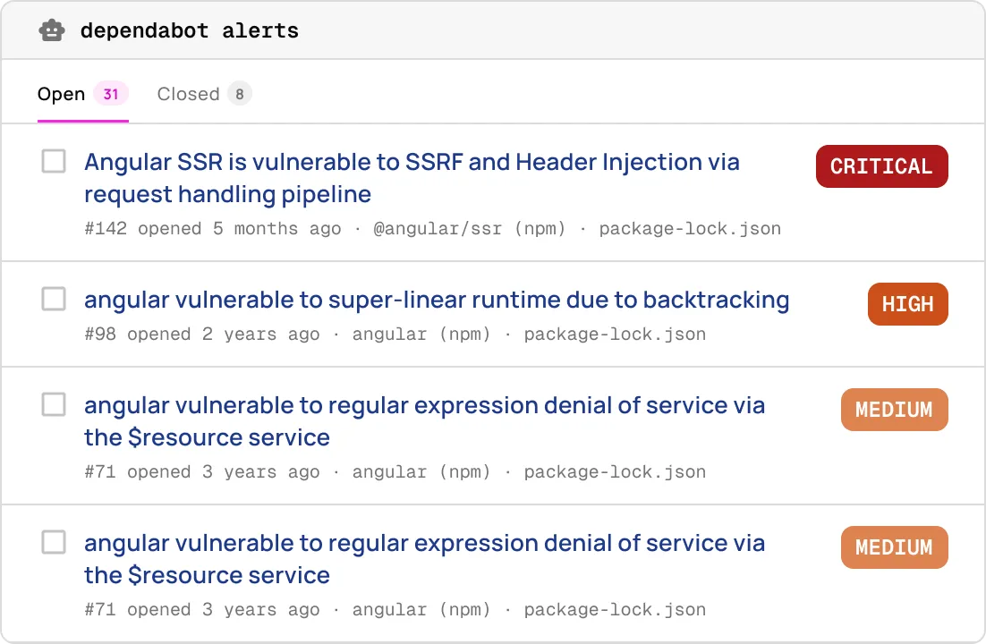 Dependabot alerts list showing Angular vulnerabilities with critical, high, and medium severity labels.