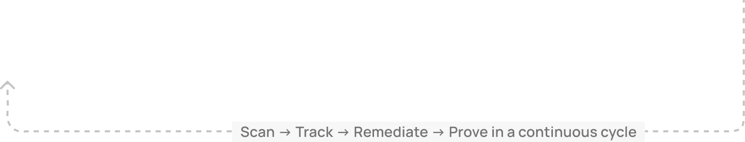 Gray text at bottom reads: Scan → Track → Remediate → Prove in a continuous cycle on transparent background.