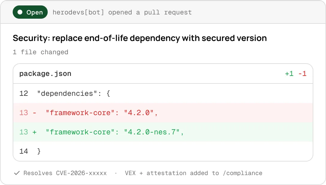 Pull request changing framework-core version from 4.2.0 to 4.2.0-nes.7 in package.json dependencies.