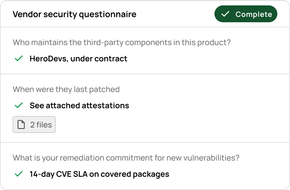 Vendor security questionnaire with answers on third-party maintenance, last patch, and remediation commitment.