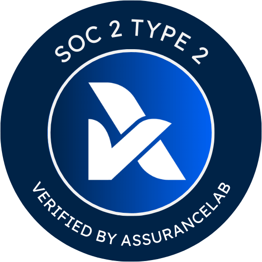 Circular blue badge with a white checkmark symbol in the center and text around the edge reading 'SOC 2 TYPE 2 VERIFIED BY ASSURANCELAB'.