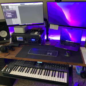 Home studio music recording desk setup.