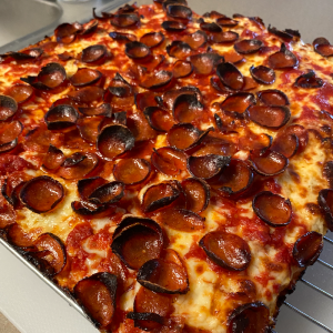 Pepperoni Sicilian pizza.