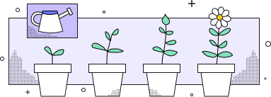Water can above four pots, showing the stages of a plant from sprout to flowering.
