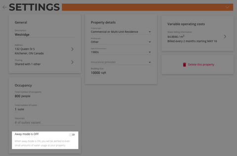  Water leak threshold property settings for away mode