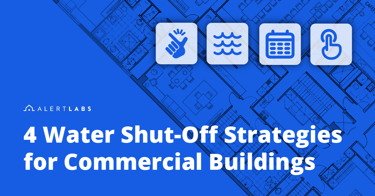 Blueprint of building in background with 4 icons at the top representing the 4 different water shut-off features.