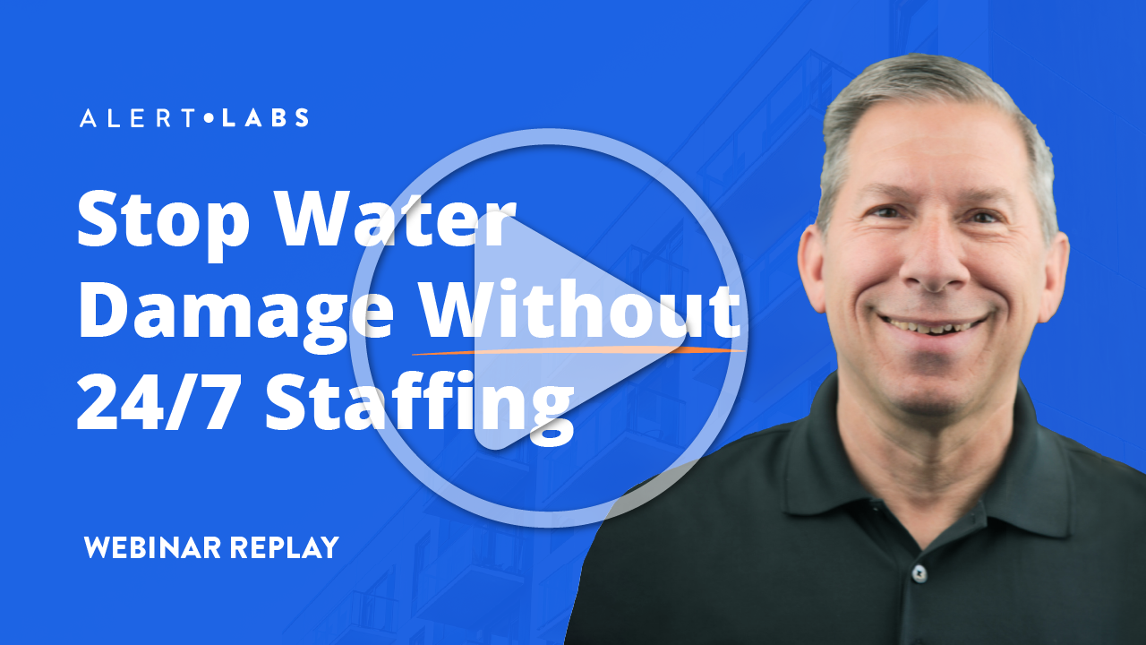 Alert Labs webinar thumbnail: How Property Teams Stop Water Damage Without 24/7 Staffing, with a play button