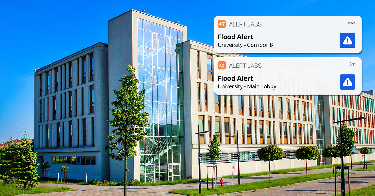 University building exterior with two AlertAQ flood alert notifications for Corridor B and Main Lobby