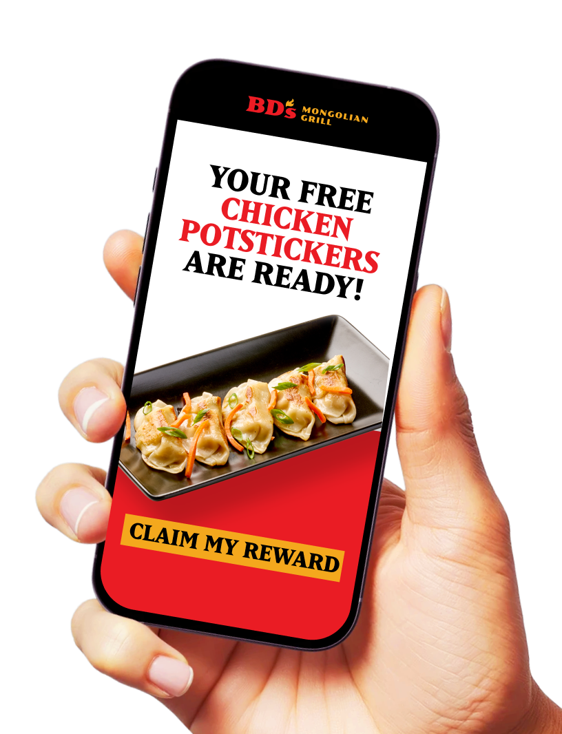A hand holding a phone open to the BD's app with a picture of potstickers, the text is your free chicken potstickers are ready