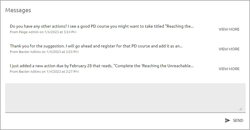 The messages screen shows previous messages between appraiser and appraisee. Each message shows the date and time of the message, the person who sent the message, and has an option to view more. The message box and "send" button are at the bottom of the screen.