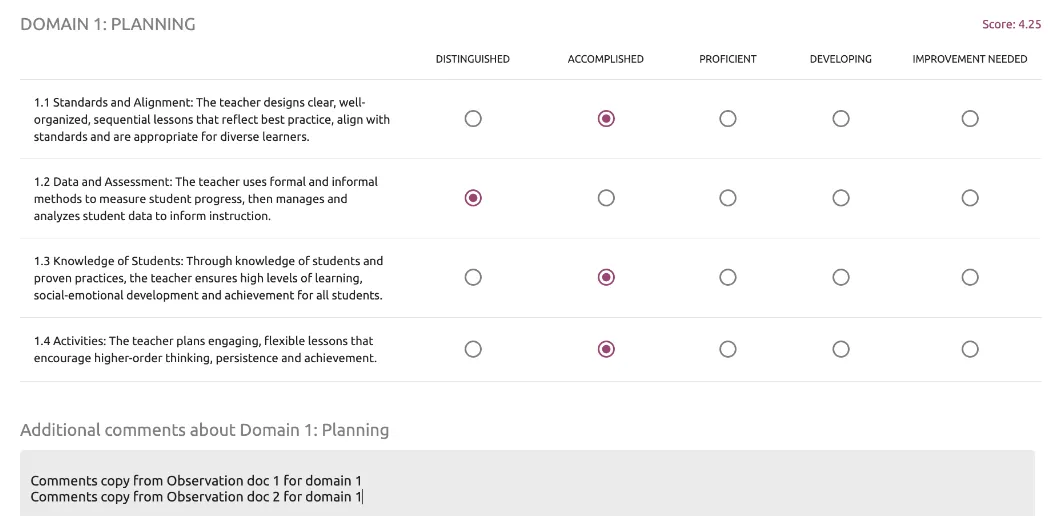 In the observation document, standards are displayed to the left along with a spectrum ranging from "improvement needed" to "dinstinguished." Evaluators can select the bubble that best describes the teacher's proficiency in each domain.