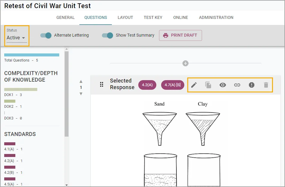 Retest allows teachers to see individual questions, make edits to those questions, embed links, and check the associated standards and DOK.