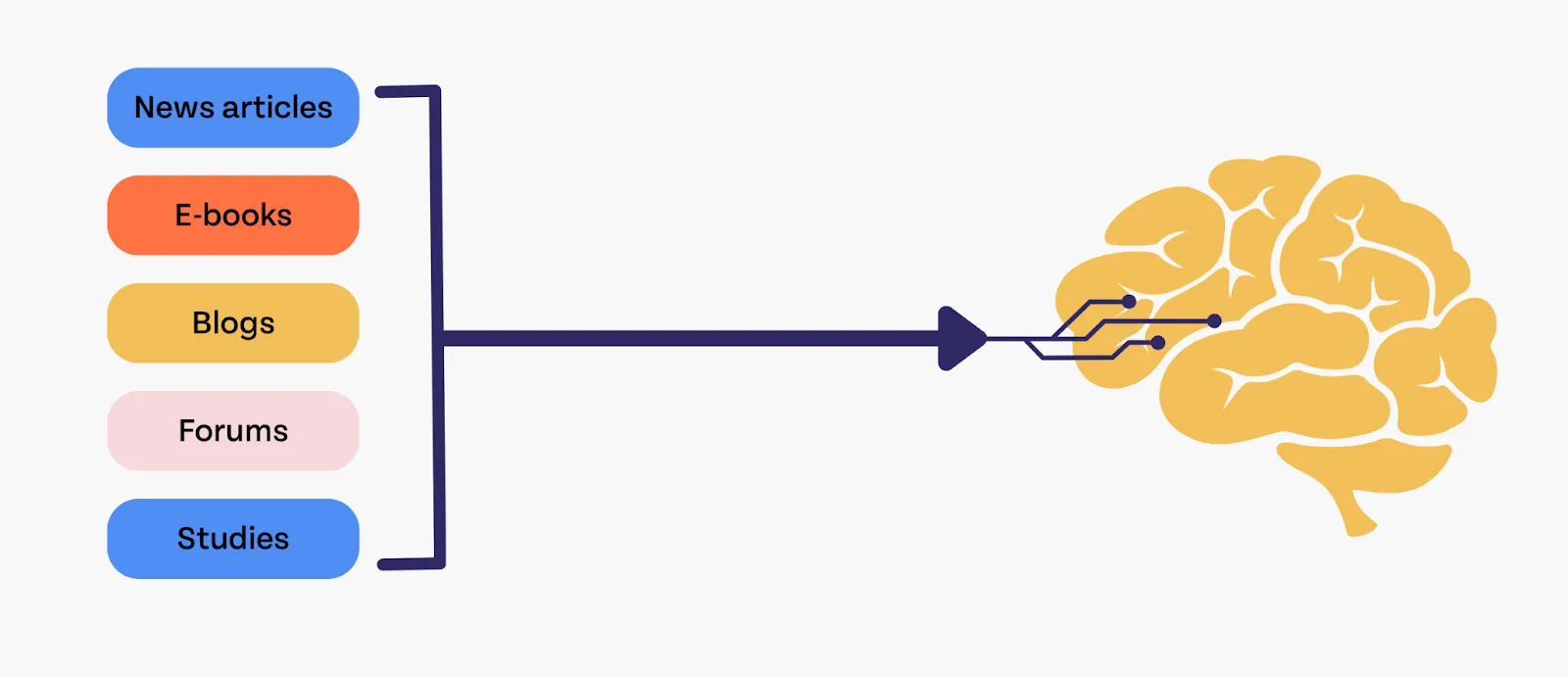 On the left are several forms of text media that often go into training Large language models, including news articles, e-books, blogs, forums, and studies. They are feeding into a brain on the right, meant to depict AI.