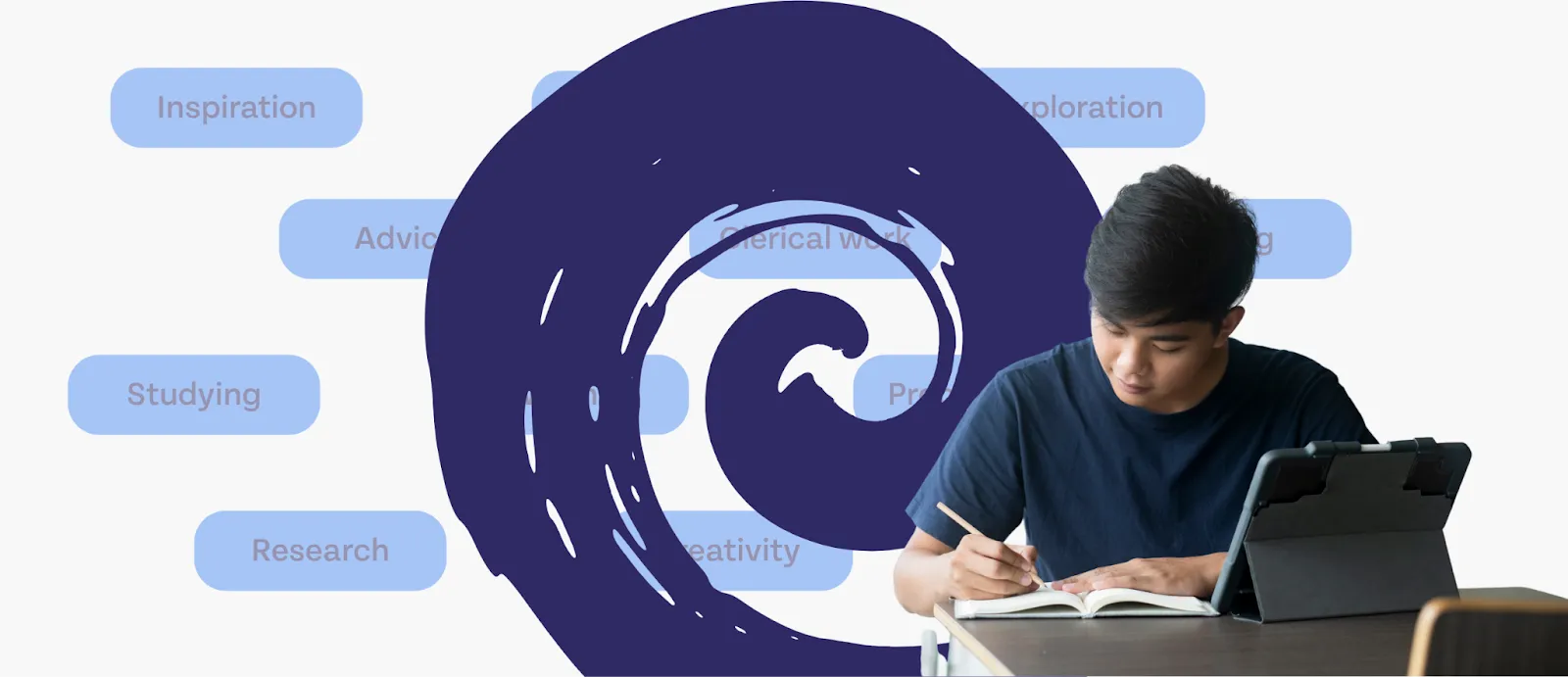 A student studies using a computer. All of the uses for AI swirl around behind him.