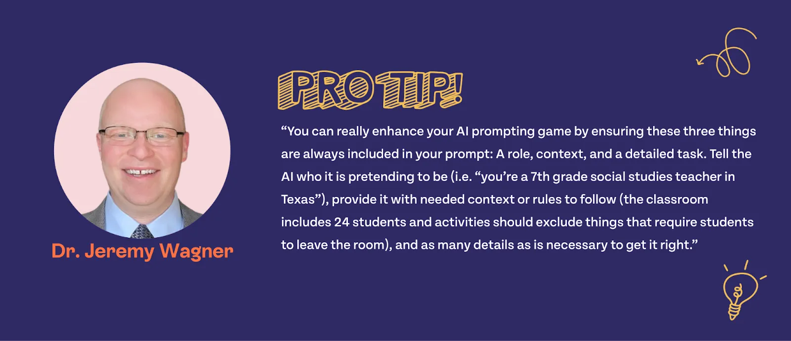 Pro tip: You can really enhance you AI prompting game by ensuring these three things are always included in your prompt: A role, context, and a detailed task. Tell the AI who it is pretending to be (i.e. "you're a 7th grade social studies teacher in Texas"), provide it with needed context or rules to follow (the classroom includes 24 students and activities should exclude things that require students to leave the room), and as many details as is necessary to get it right."