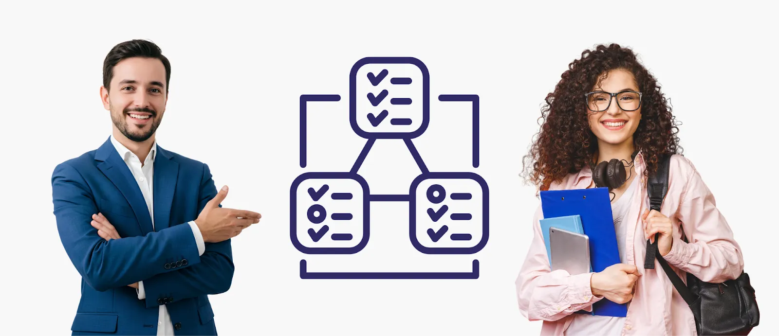 An administrator is on one side of a visual framework representation, a student is on the other.