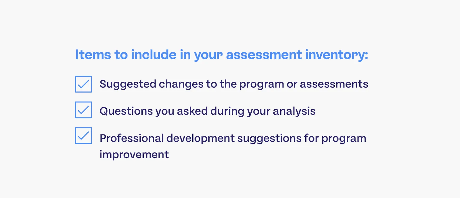 Items to include in your inventory: Suggested changes to the program or assessments; Questions you asked during your analysis; Professional development suggestions for program improvement.