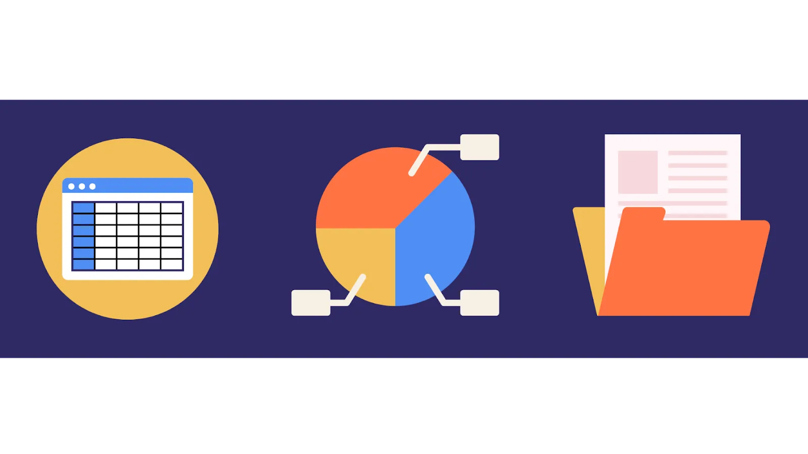 Various data analysis images such as a spreadsheet, a pie chart, and a folder