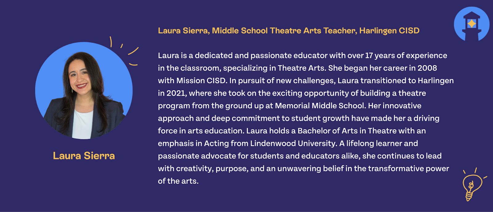 Laura Sierra, Middle School Theatre Arts Teacher, Harlingen CISD. Laura is a dedicated and passionate educator with over 17 years of experience in the classroom, specializing in theatre arts. She began her career in 2008 with Mission CISD. In pursuit of new challenges, Laura transitioned to Harlingen in 2021, where she took on the exciting opportunity of building a theatre program from the ground up at Memorial Middle School. Her innovative approach and deep commitment to student growth have made her a driving force in arts education. Laura holds a Bachelor of Arts in Theatre with an emphasis in Acting from Lindenwood University. A lifelong learner and passionate advocate for students and educators alike, she continues to lead with creativity, purpose, and unwavering belief in the transformative power of the arts.r