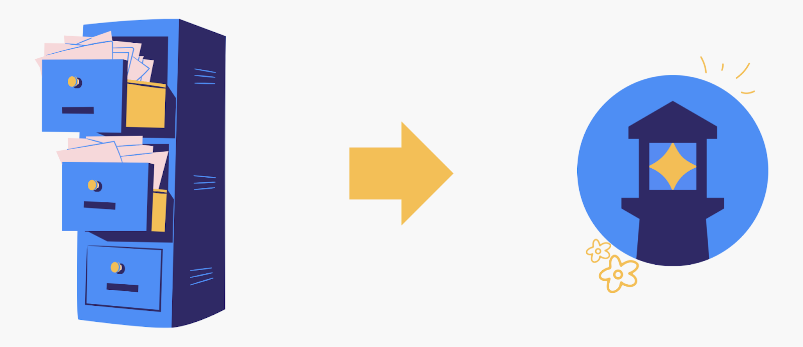 An overflowing filing cabinet stands opposed to a shining Beacon.