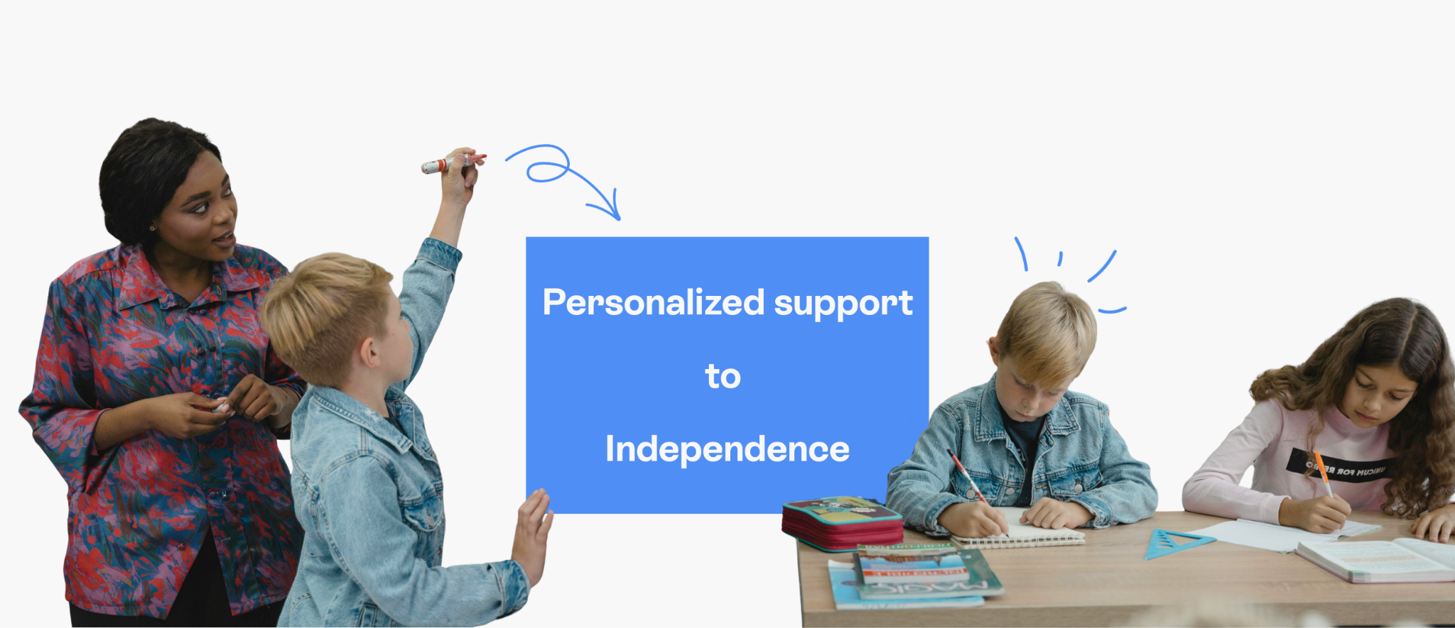Personalized support to independence. A teacher helps a student write on the board. On the other side, the teacher works alone on his work.