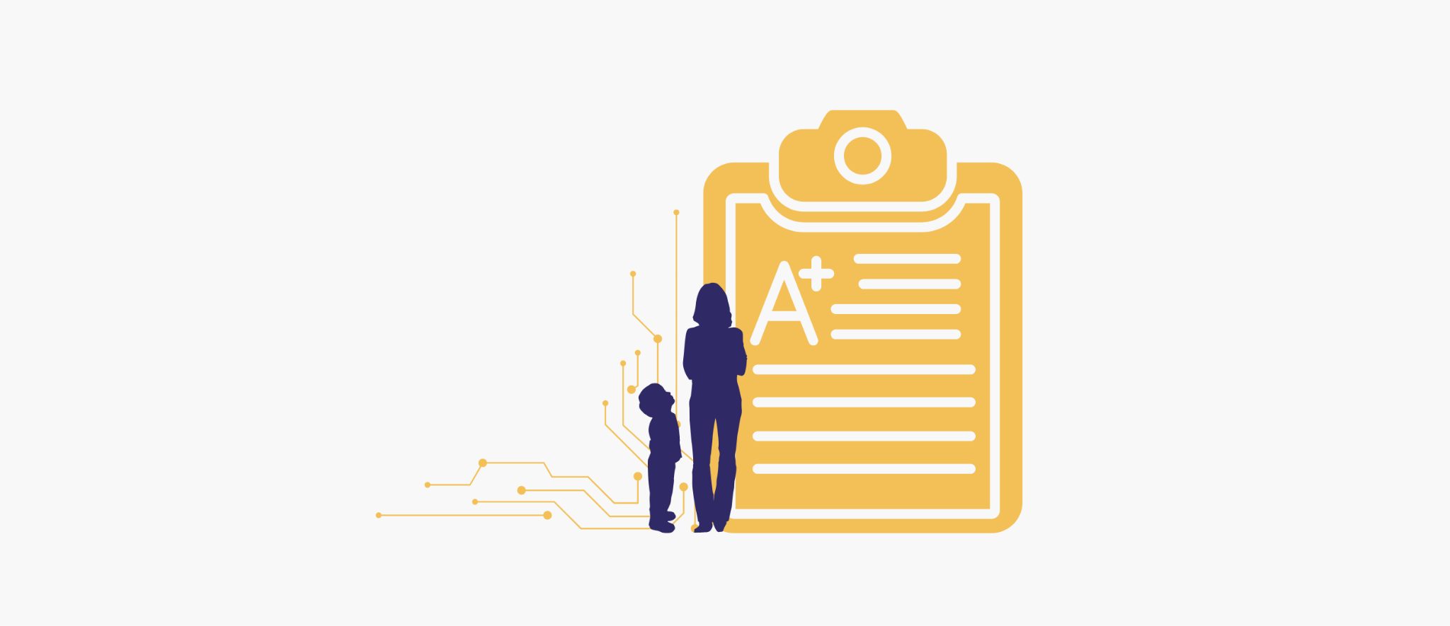 A teacher and student stand in front of a clipboard showing an A+ grade.