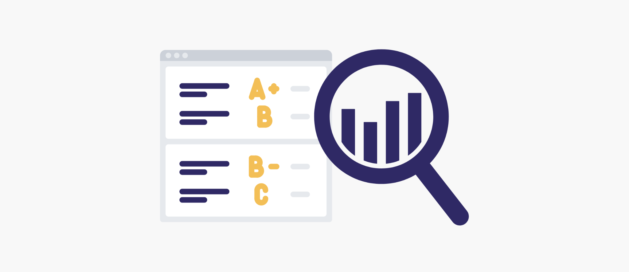 A screen of grades is being magnified by a magnifying glass which shows a bar graph.