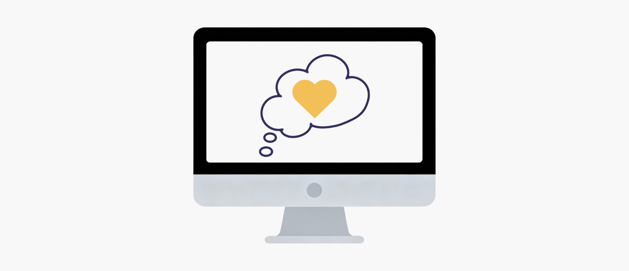 A computer with a thought bubble. In the middle is gold heart.