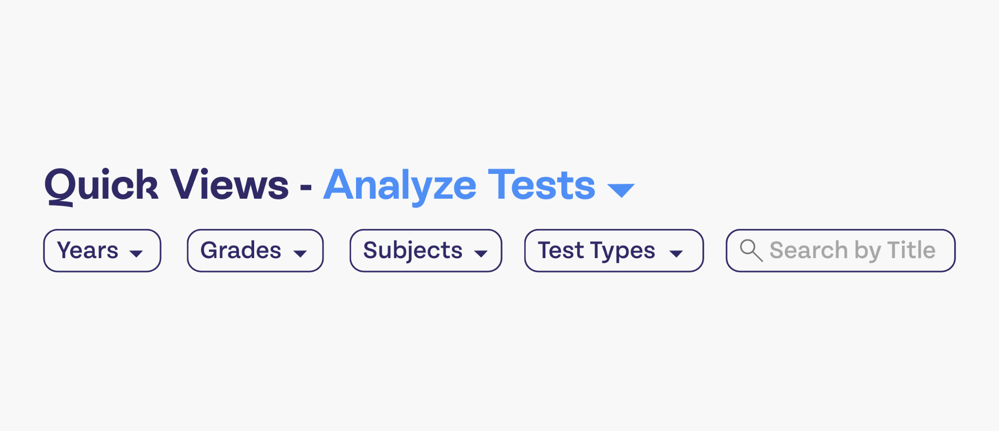 Quick views allows you to analyze tests via these dropdowns: Years, grades, subjects, and test types. You can also search by the title of the test.