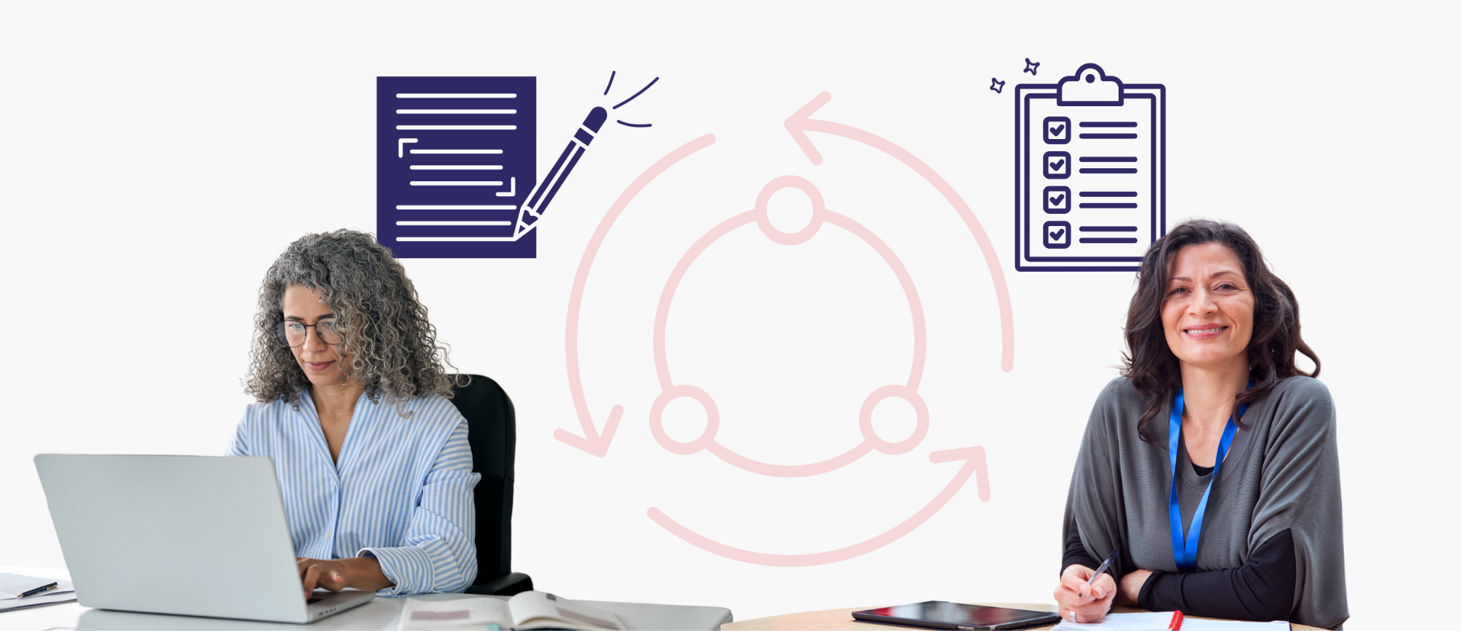 Two assessment leaders sit on opposite sides of the image. One leader is responsible for writing assessments, the other for creating lesson plans.