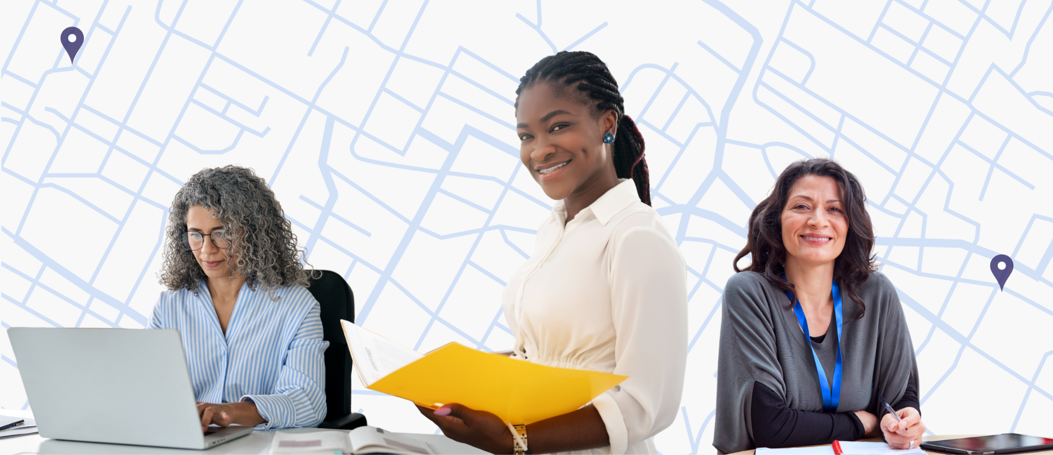 A teacher stands in the middle of two assesment leaders. Behind them is a detailed map of a city representing the living year-at-a-glance system.