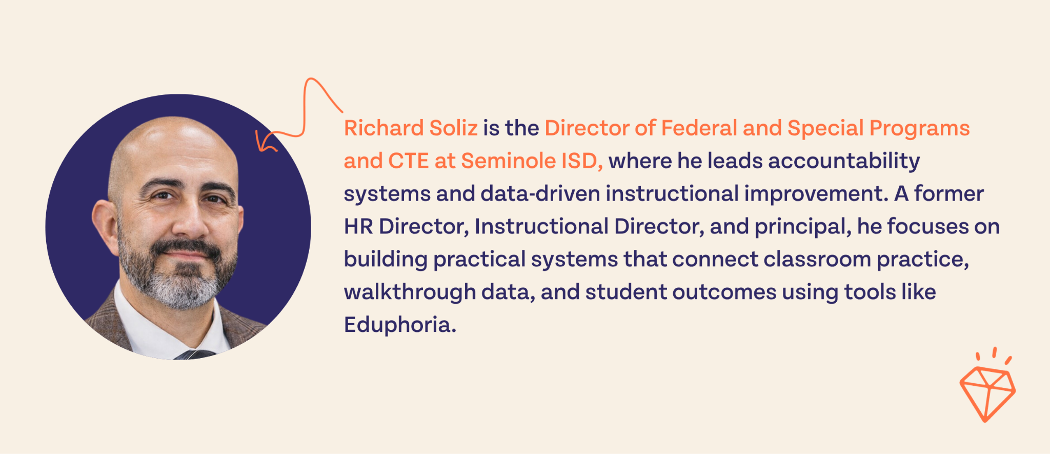 Richard Soliz is the Director of Federal and Special Programs and CTE at Seminole ISD, where he leads accountability systems and data-driven instructional improvement. A former HR Director, Instructional Director, and principal, he focuses on building practical systemsthat connect classroom practice, walkthrough data, and student outcomes using tools like Eduphoria.