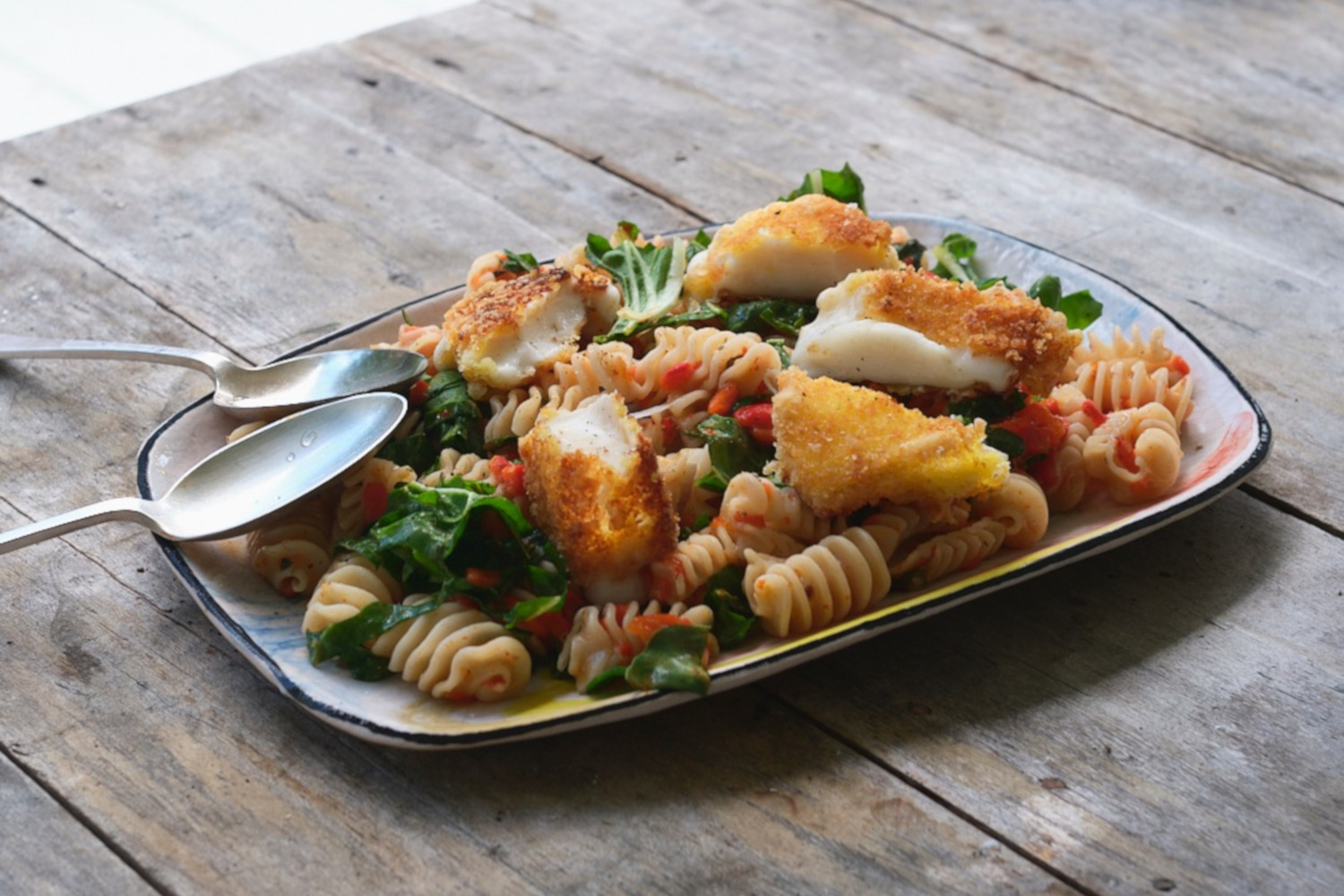 Charred Pepper, Silverbeet and Crispy Goat's Cheese Radiatori Salad Monty & Sons recipe