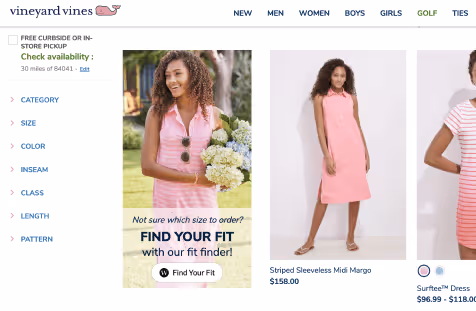 Vineyard vines ecommerce page powered by sizeless commerce