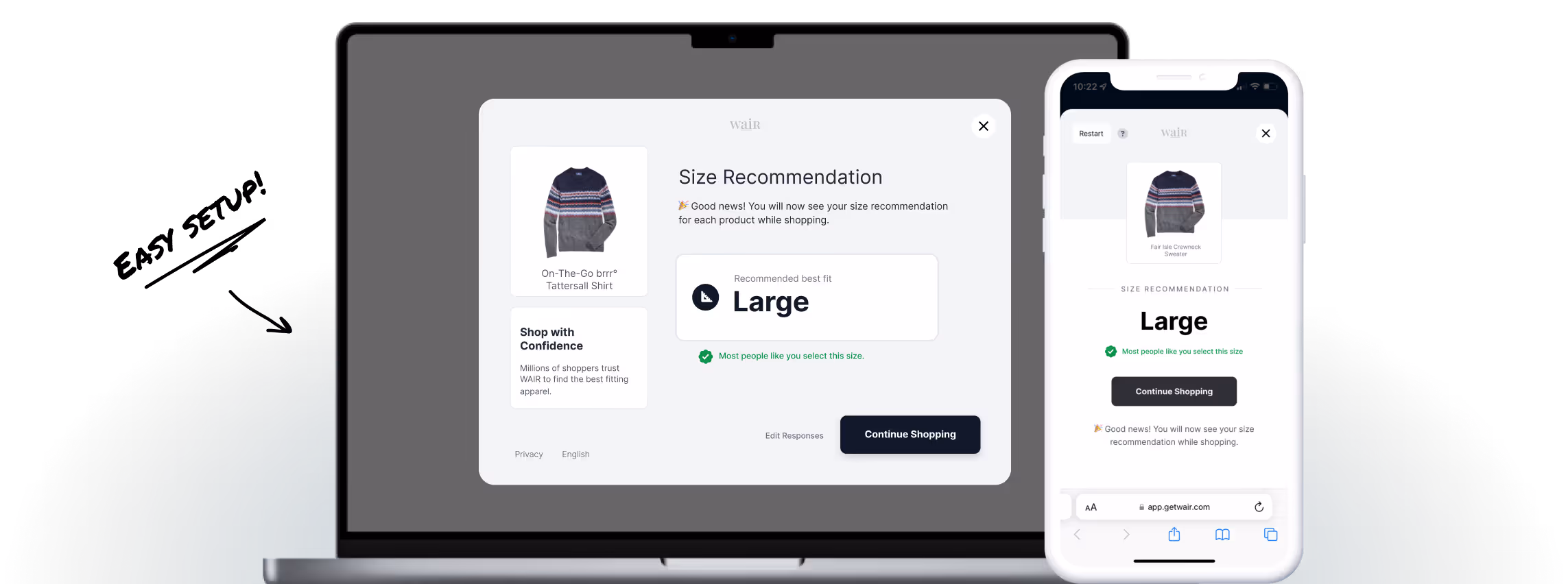 WAIR's sizing solution on desktop and mobile