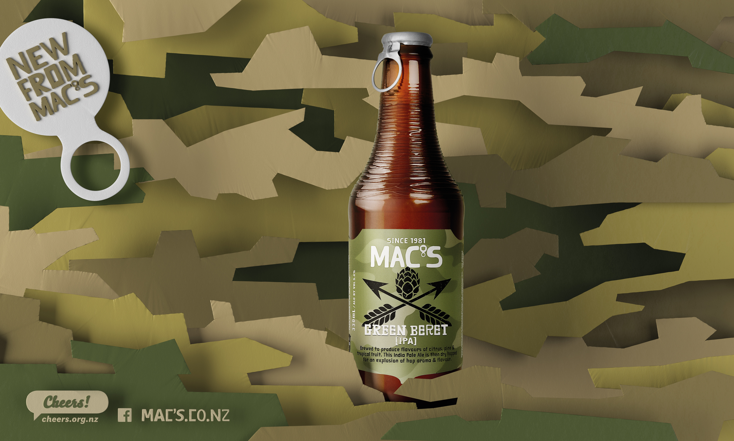 Mac's IPA bottle advertisement, camouflage label blending with camouflage background