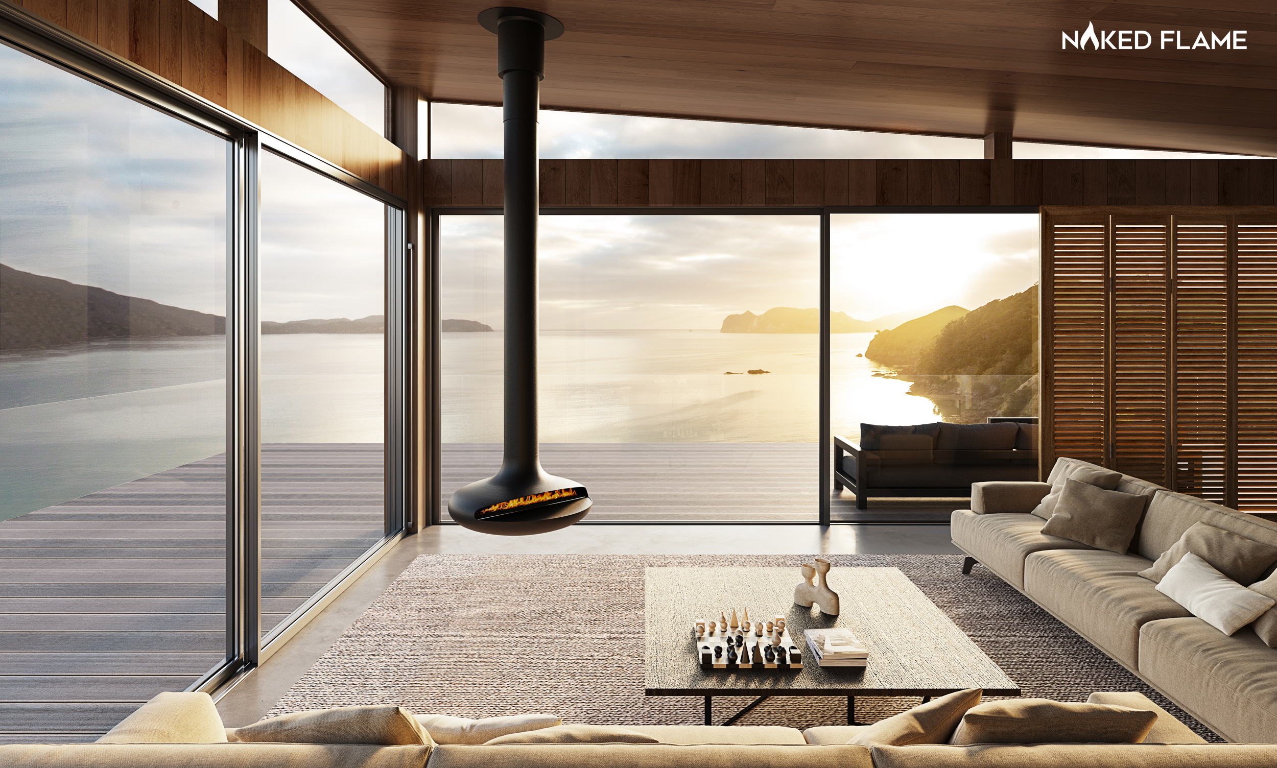 Cozy modern living space with elegant floating fireplace at sunset
