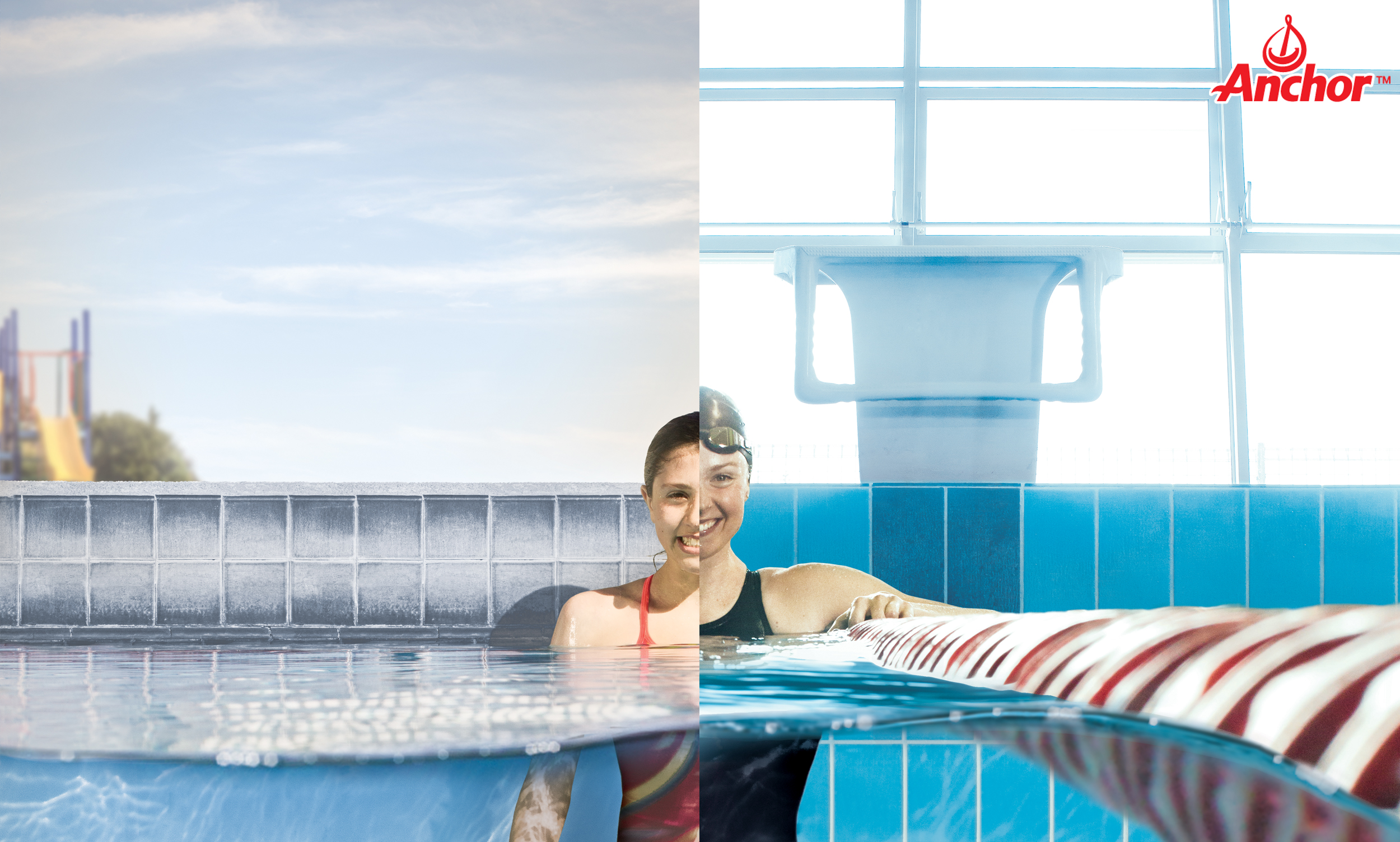 Anchor swimmer advertising campaign, split screen showing two female swimmers