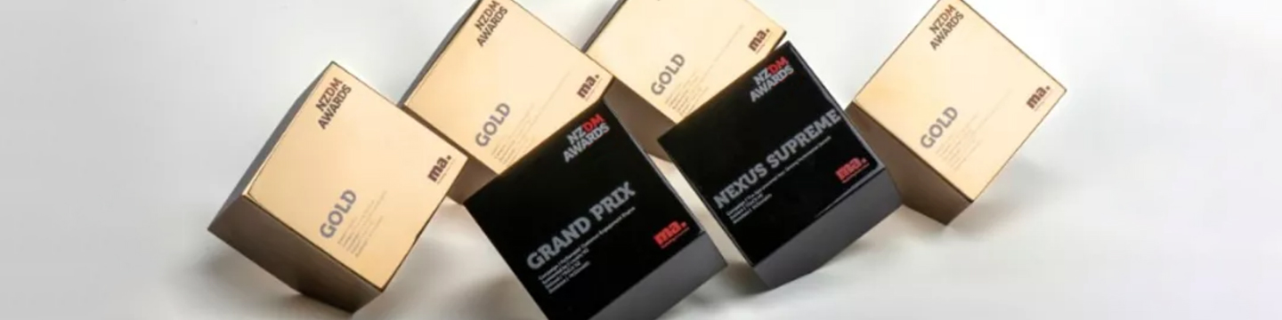 NZ Direct Marketing awards/trophies for Gold, Grand Prix, Nexus Gold, and Nexus Supreme