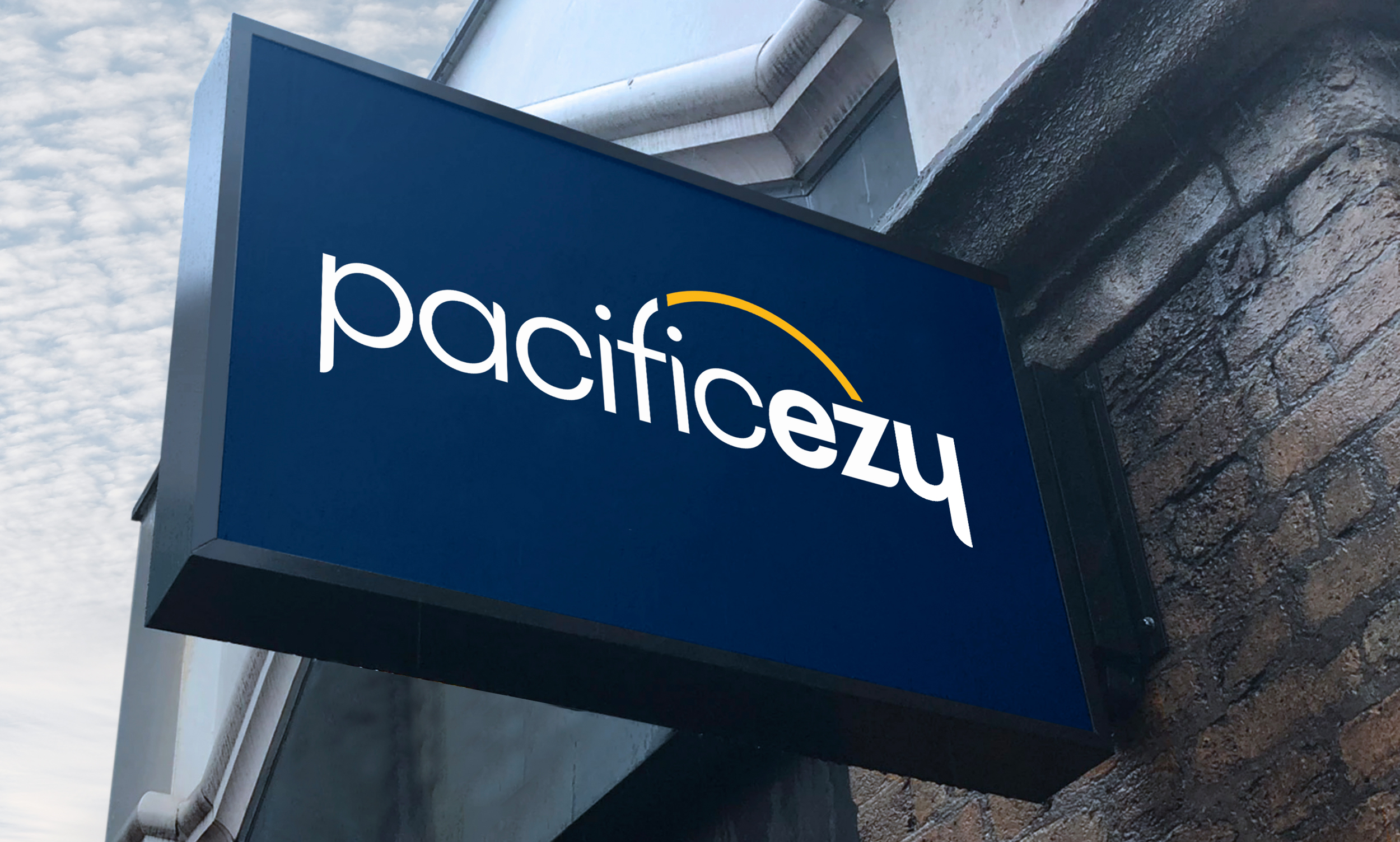 Pacificezy logo on a dark blue sign