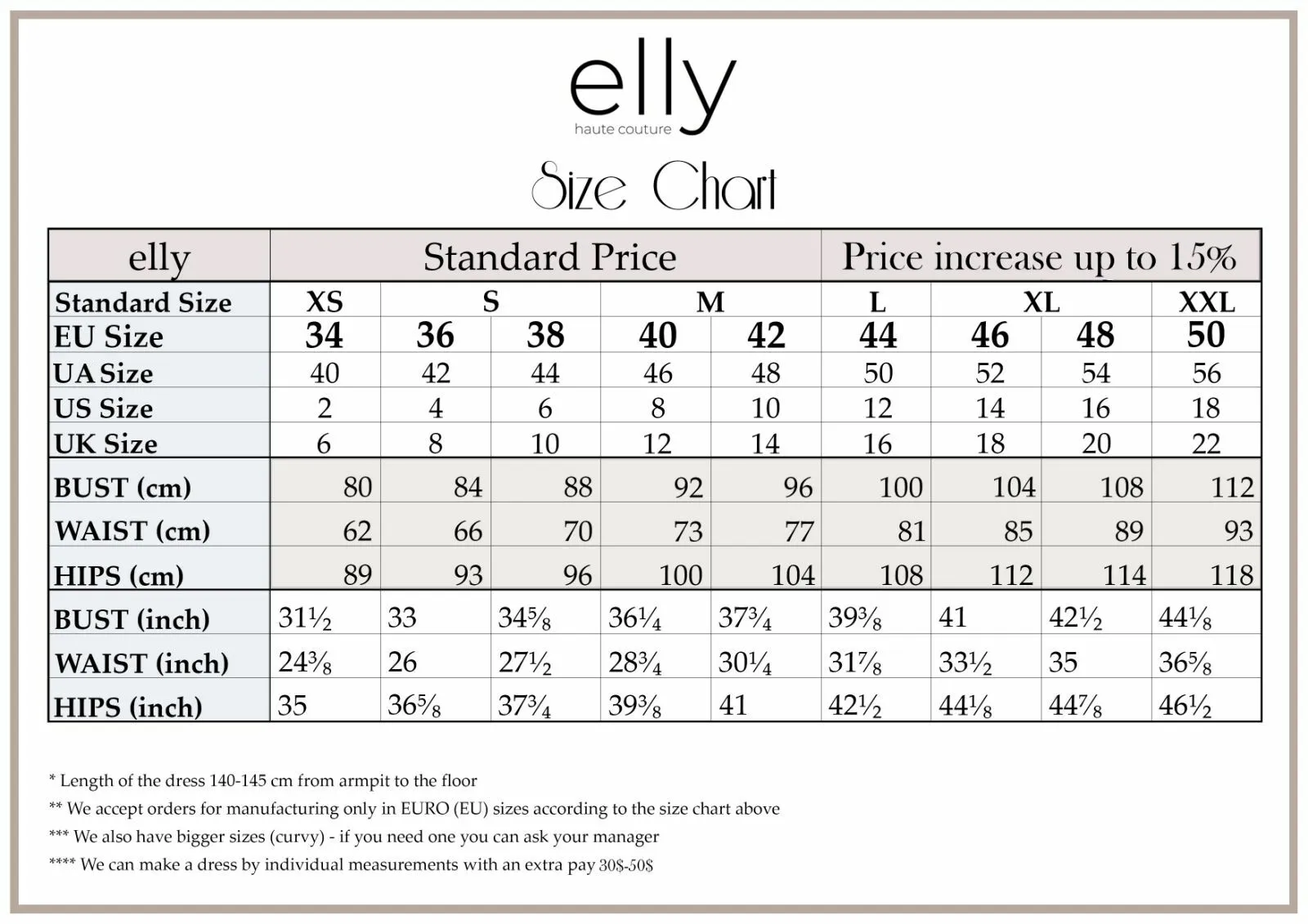 aria dresses size chart