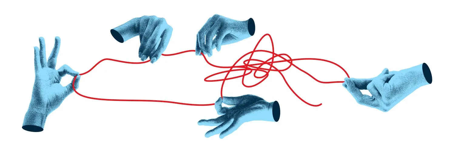 Illustration of several hands holding a red thread that becomes tangled in the middle, symbolising how trust and leadership keep teams connected during uncertainty.
