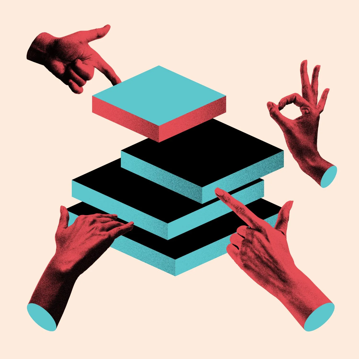 Illustration of four hands pointing and gesturing around stacked blocks with a top block hovering above, symbolising how trust and leadership are built through alignment and shared understanding.