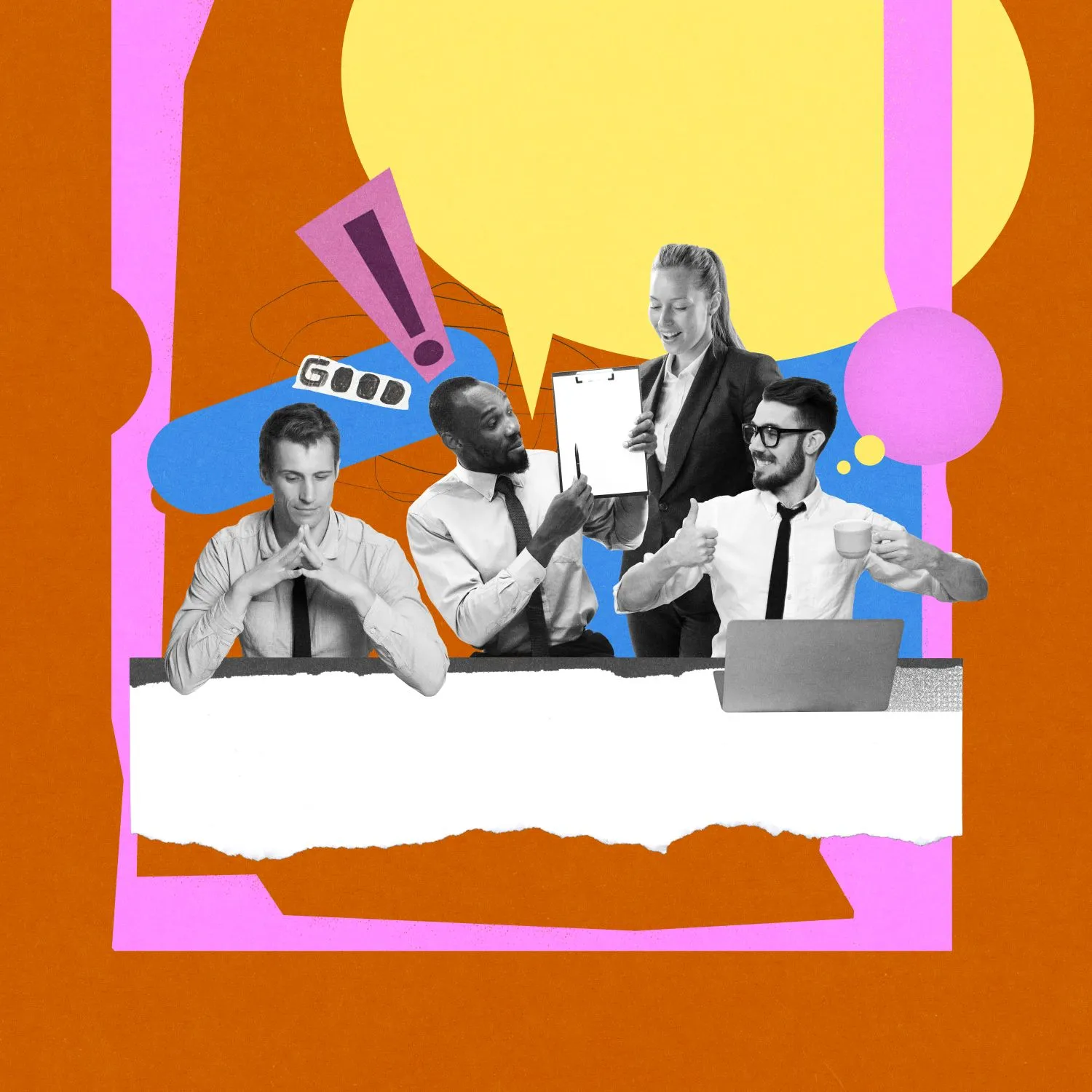 Collage-style illustration of three colleagues in a meeting with speech bubbles and feedback symbols, representing open communication, psychological safety, and trust at work.