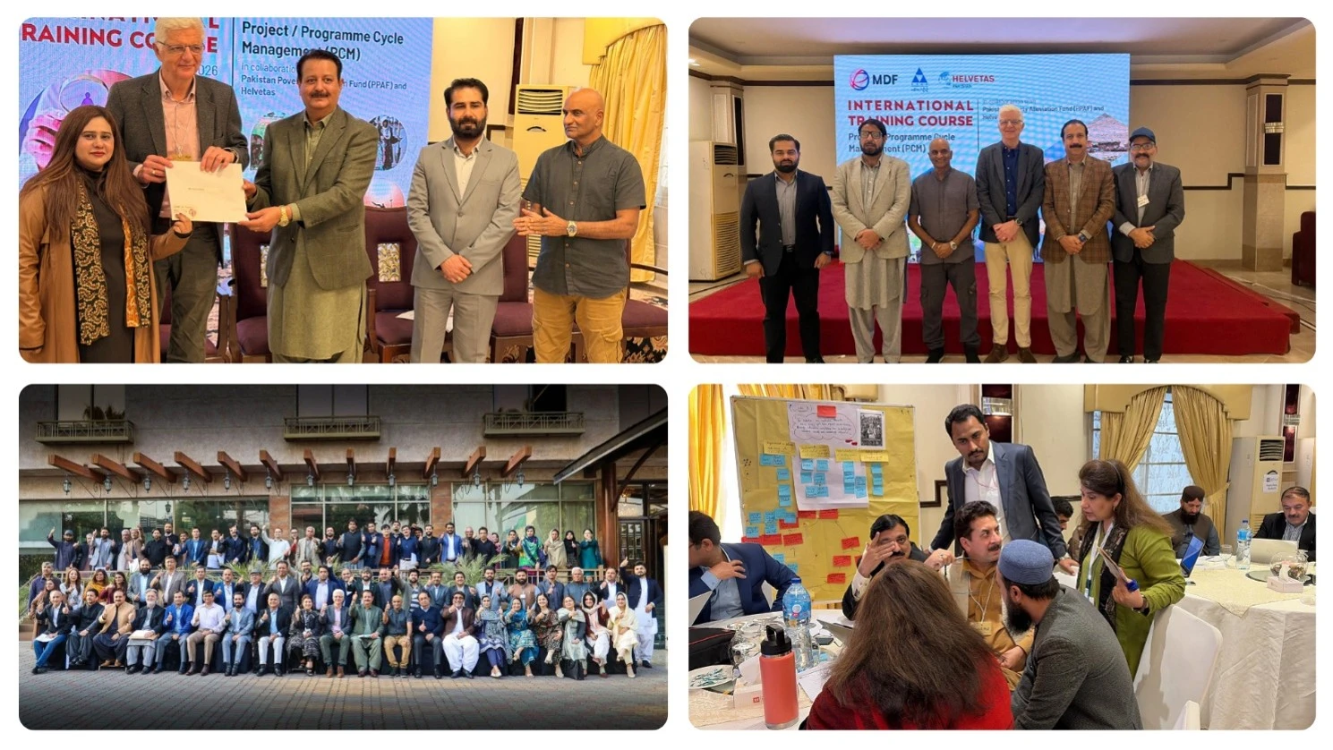 MDF teams from the Netherlands and Bangladesh stand together with Helvetas Pakistan colleagues during the PMEL training in Islamabad.