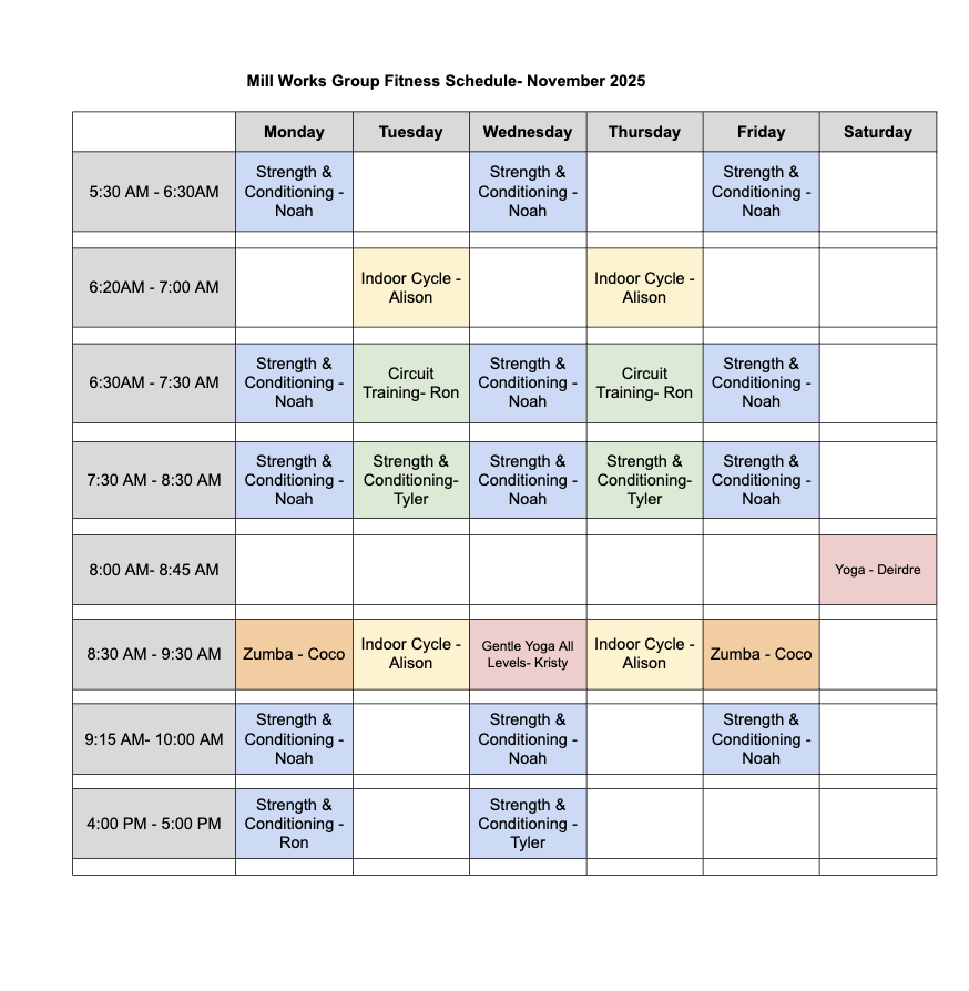 Mill Works Group Fitness Schedule (image)