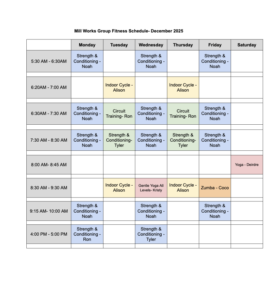 Mill Works Group Fitness Schedule (image)