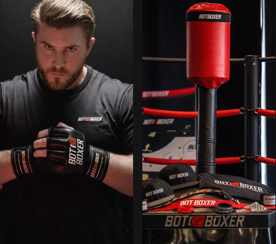 Man wearing black BOT BOXER gloves and shirt in a fighting stance on the left; boxing equipment including gloves, hats, and gear with BOT BOXER branding displayed on the right.